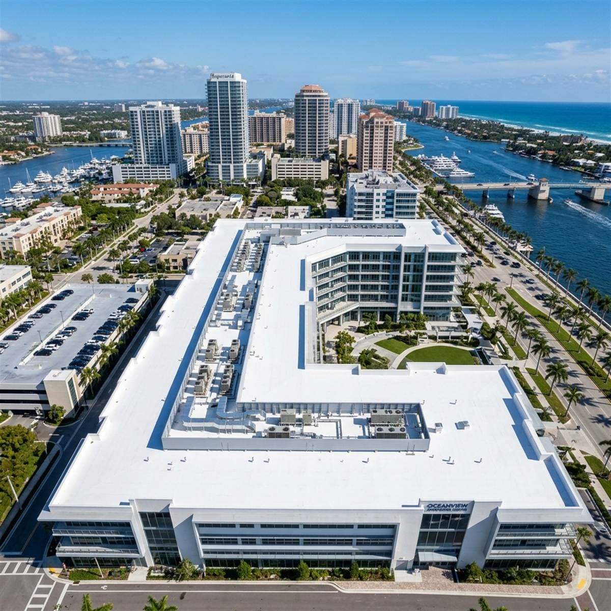 Industrial building featuring a newly installed flat TPO roofing system