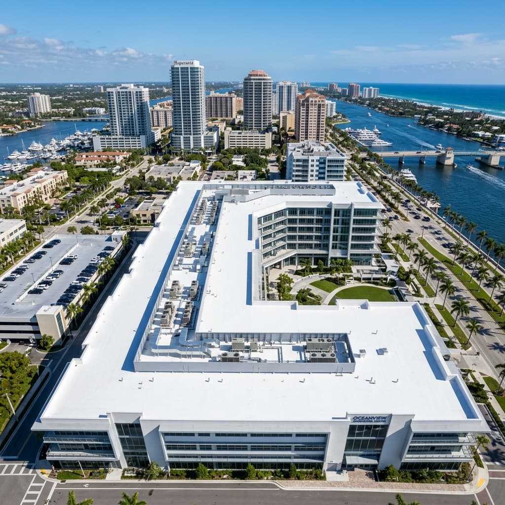 Flat commercial roof replacement featuring white reflective TPO membrane installation in South Florida by Diversified Roofing Solutions