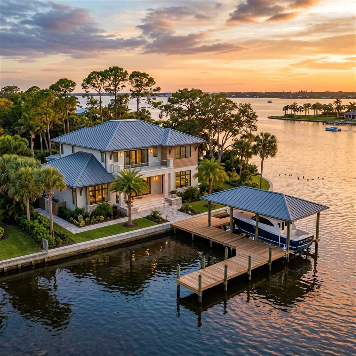 Scenic coastal riverfront home in Stuart, Martin County, showcasing professional standing seam metal roofing
