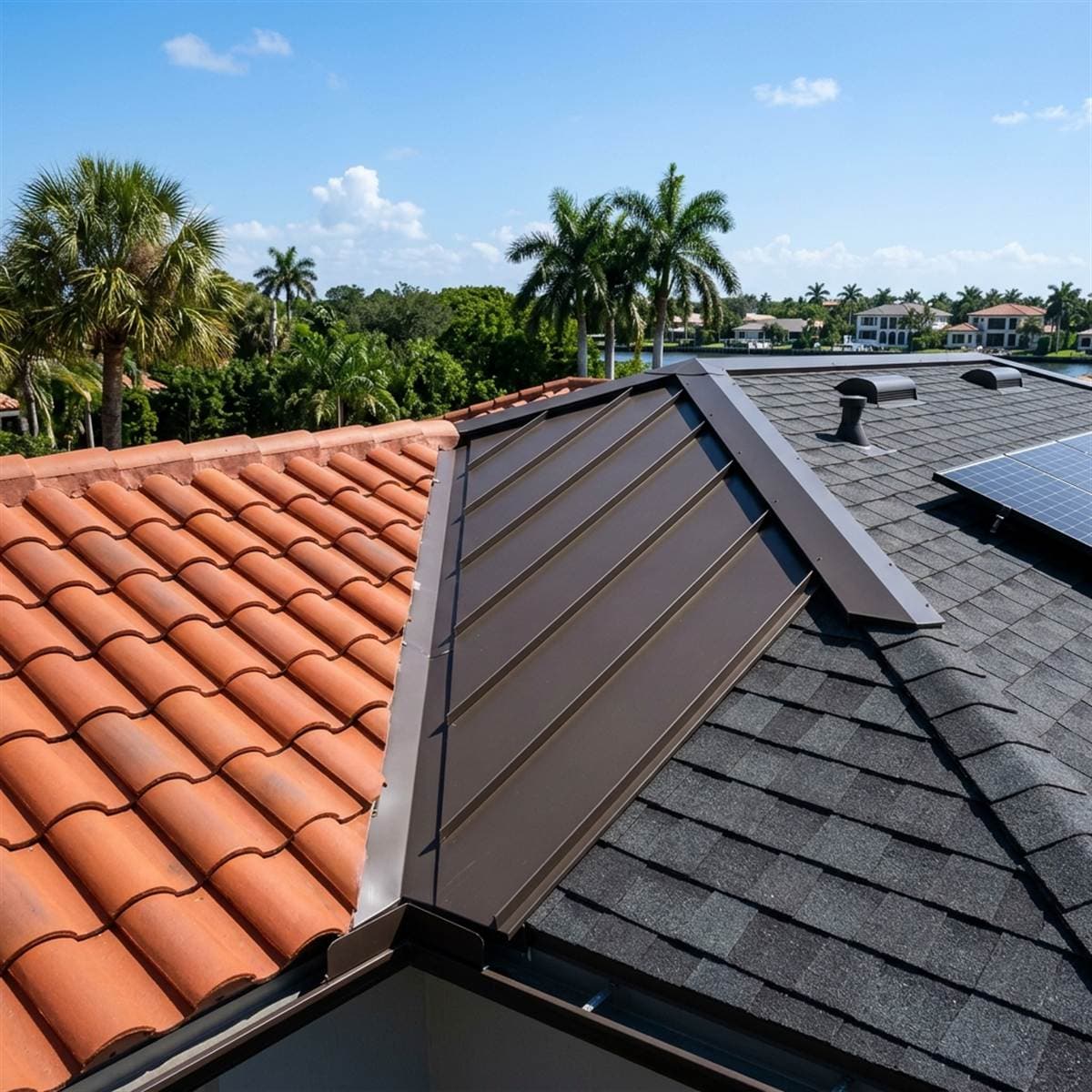 Pristine South Florida roofing installations showcasing dimensional shingles, clay tiles, and standing seam metal by Diversified Roofing Solutions