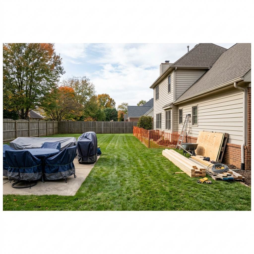 Backyard prepped for roofing teardown with cleared patio furniture and cover tarps