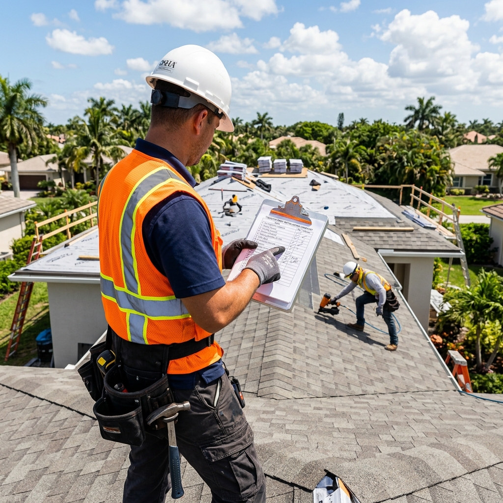 Licensed Florida roofing contractor reviewing contract compliance details and state approval guidelines