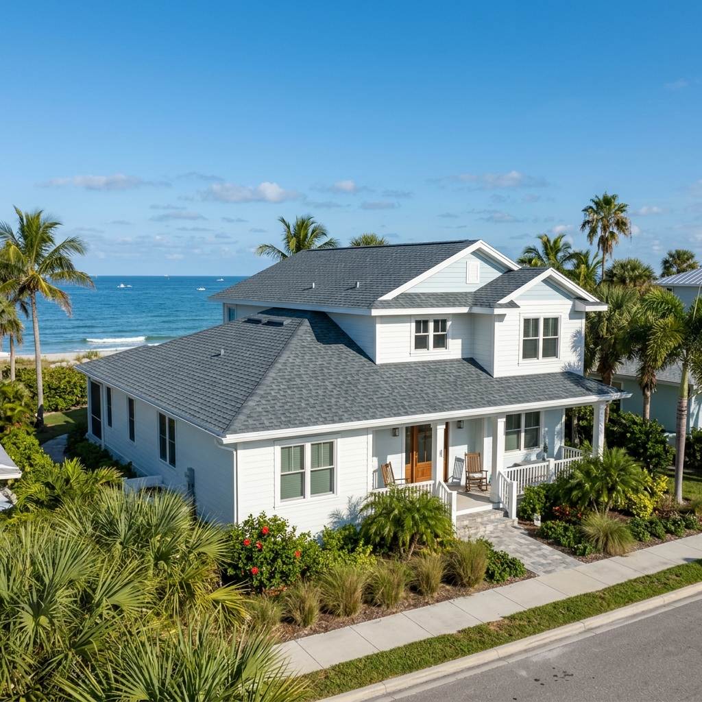 Wind-resistant asphalt shingles installed with a certified 6-nail pattern for coastal wind mitigation