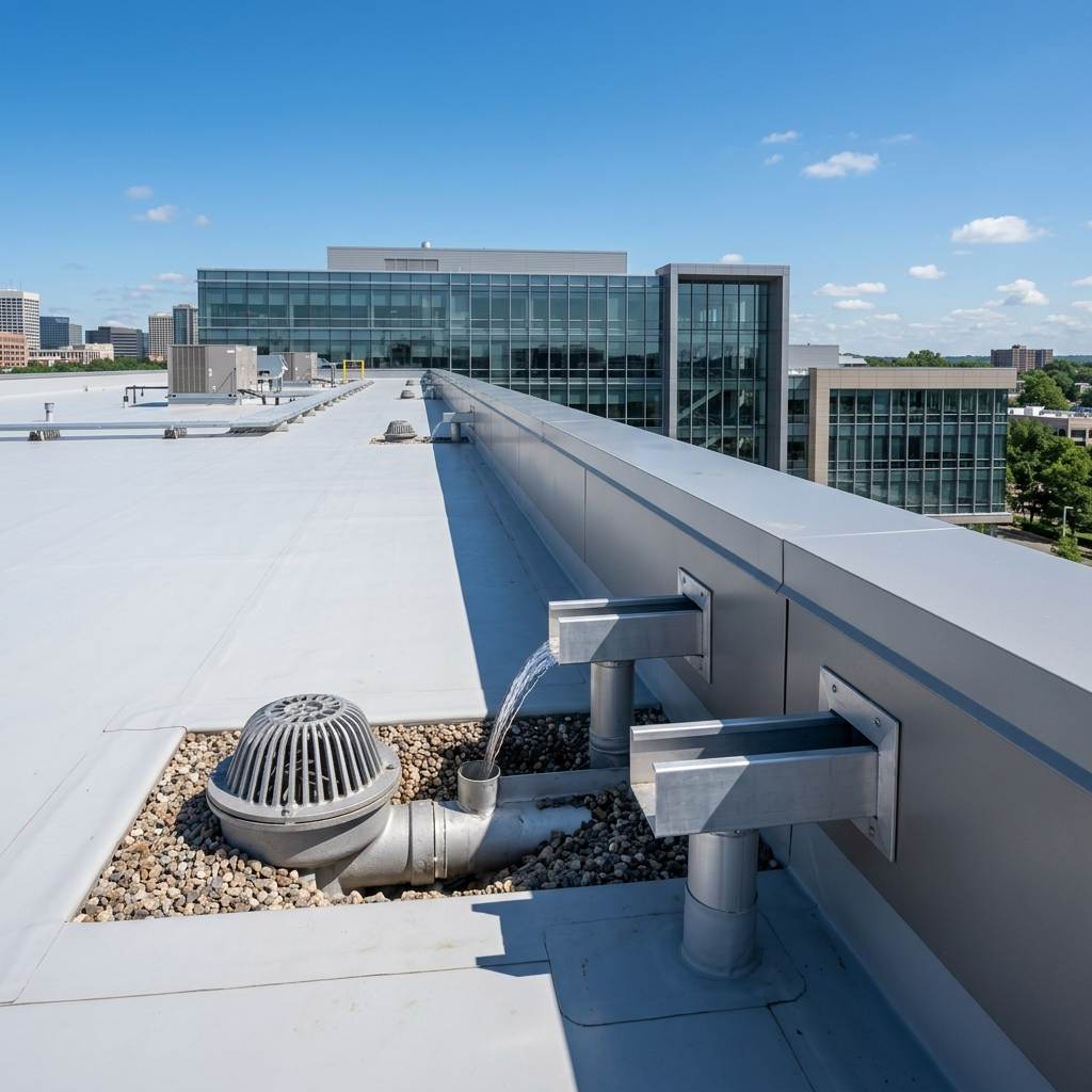 Clean commercial roof drain scupper allowing unobstructed rainwater runoff during heavy storms