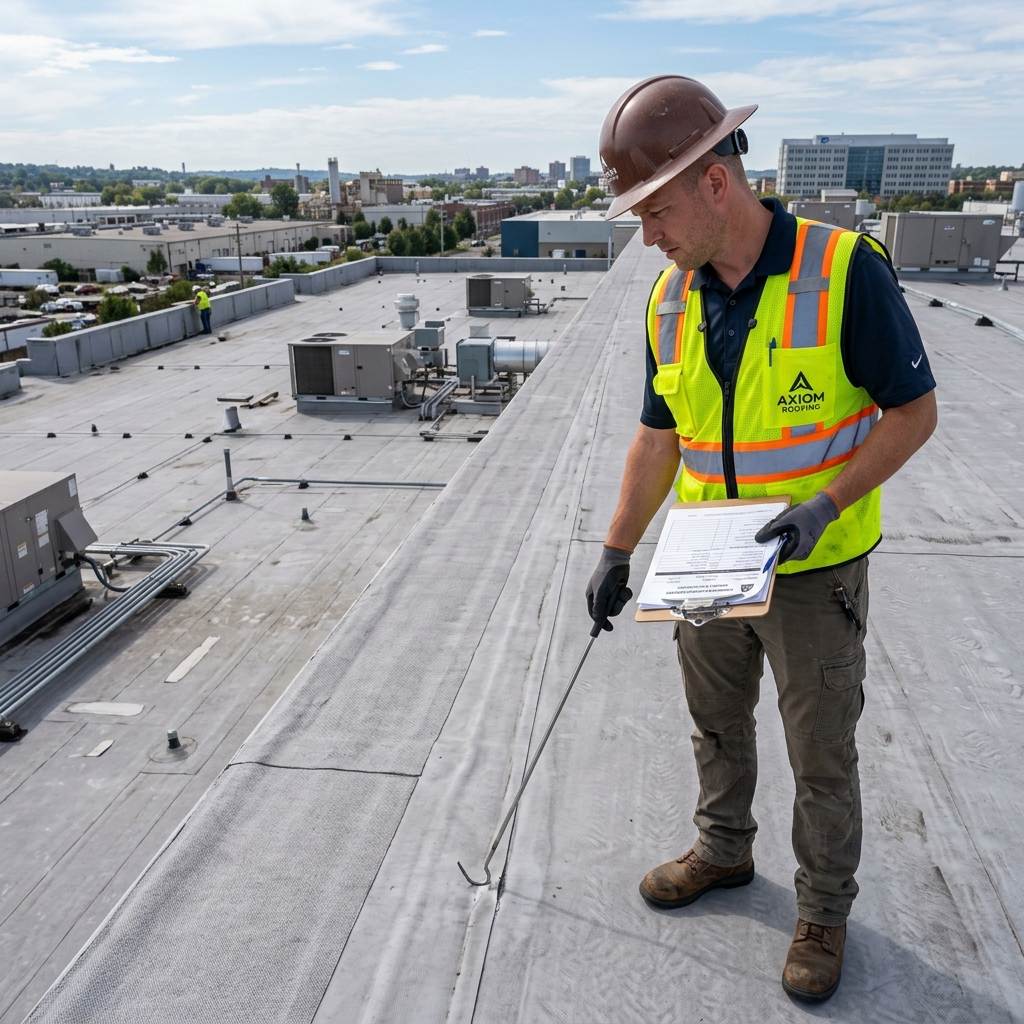 Commercial roof inspector clipboard detailing flat deck drainage and seam conditions