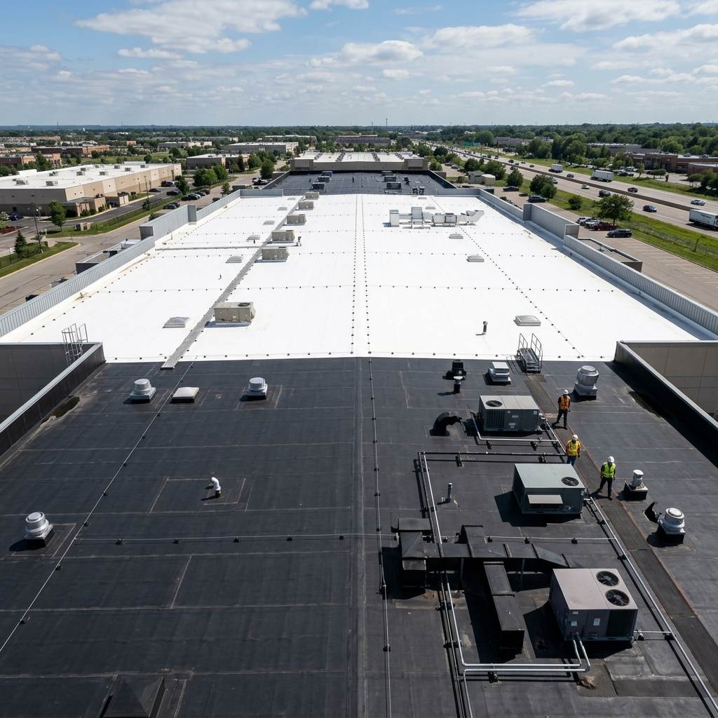 White commercial TPO roofing membrane showing mechanical fasteners and hot-air welded seams