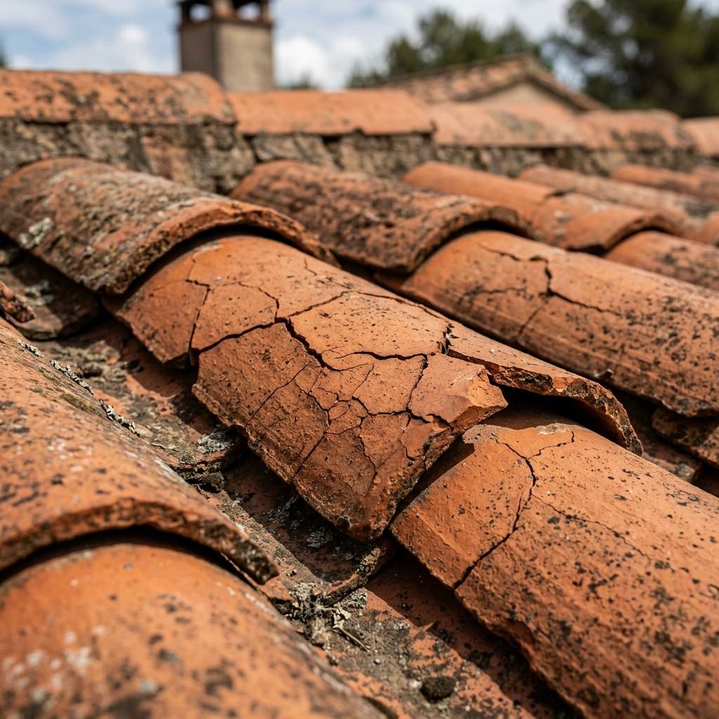 Cracked terracotta clay barrel tiles showing water channel infiltration points