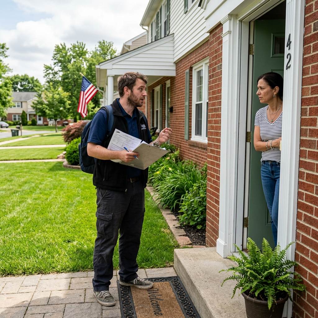 Storm-chaser door-to-door solicitor offering free inspection checks to secure insurance payouts