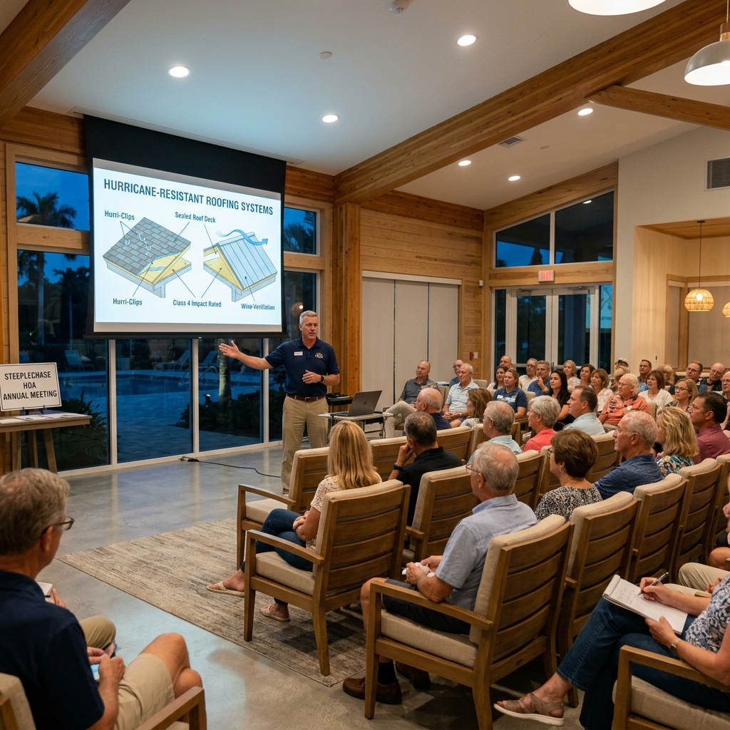 Community presentation session outlining neighborhood storm hardening guidelines for Florida HOAs