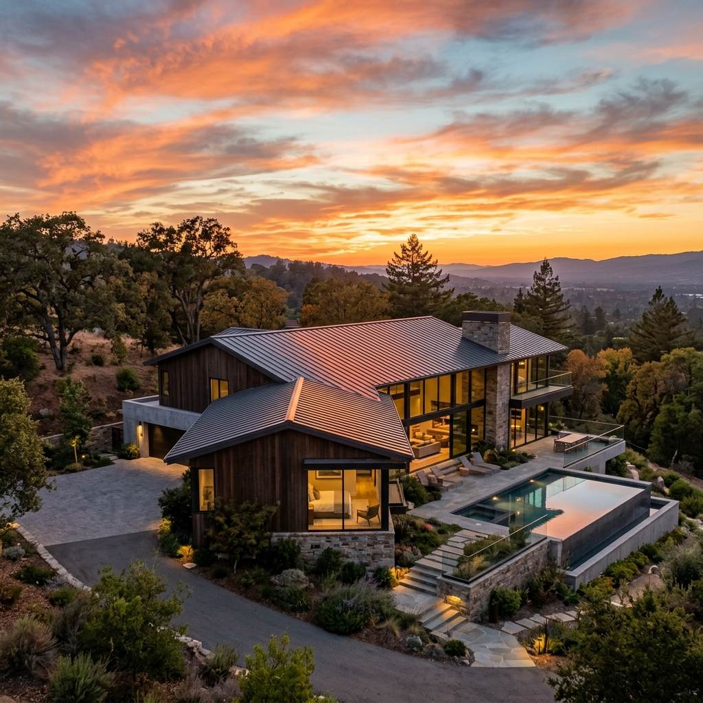 Luxury residential roofing installation featuring premium Kynar-finished standing seam panels