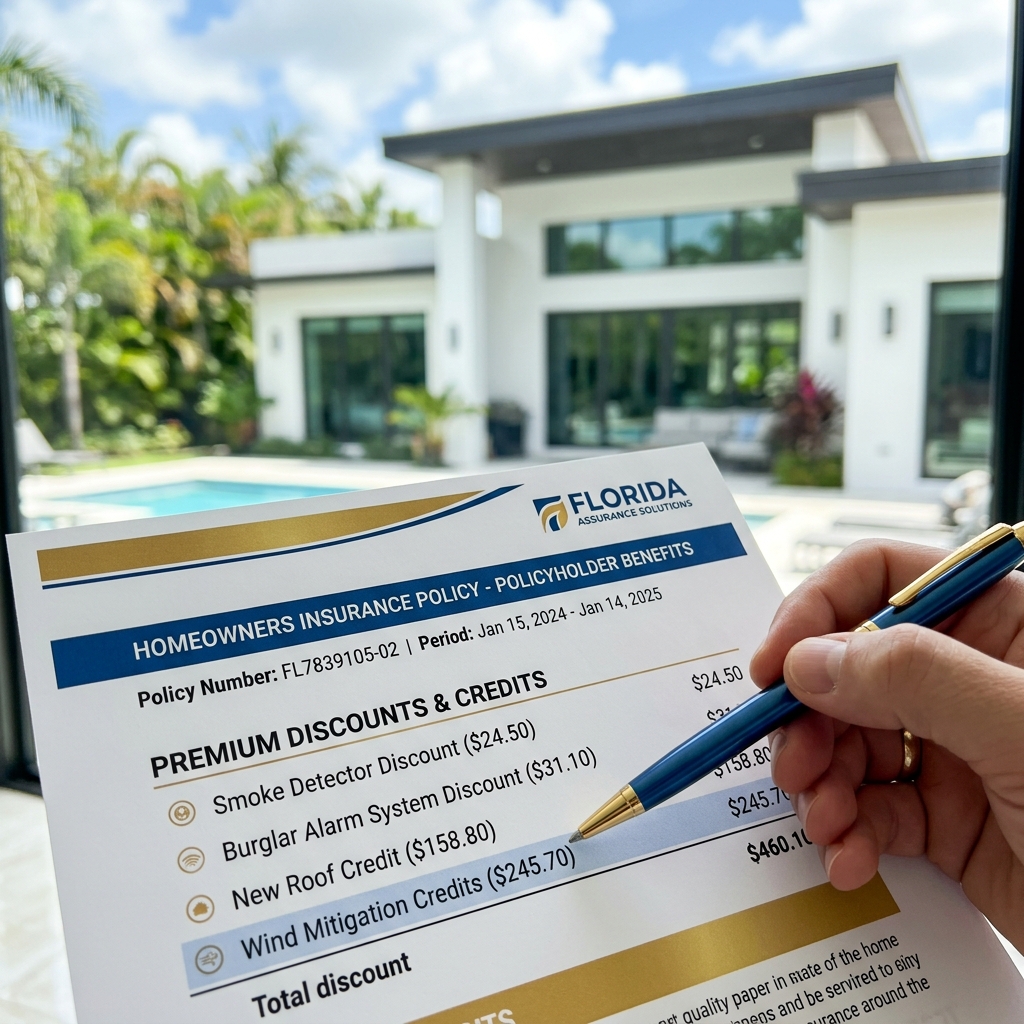 Homeowner reviewing insurance reduction premium document showing mitigation savings
