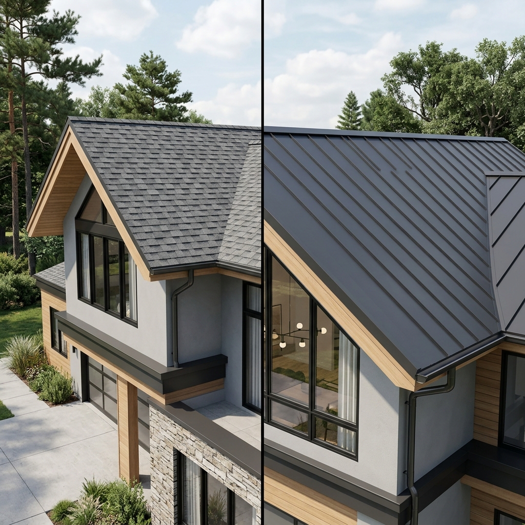 Side-by-side comparison diagram of architectural shingles and standing seam metal roofing systems