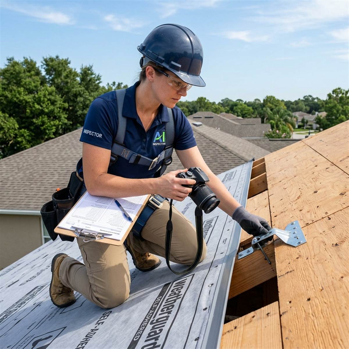 Certified wind mitigation inspector evaluating roof hurricane straps and underlayment