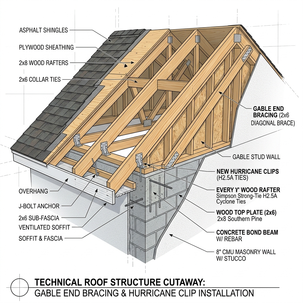 Structural engineering diagram showing gable end bracing and hurricane clips under pre-2002 codes