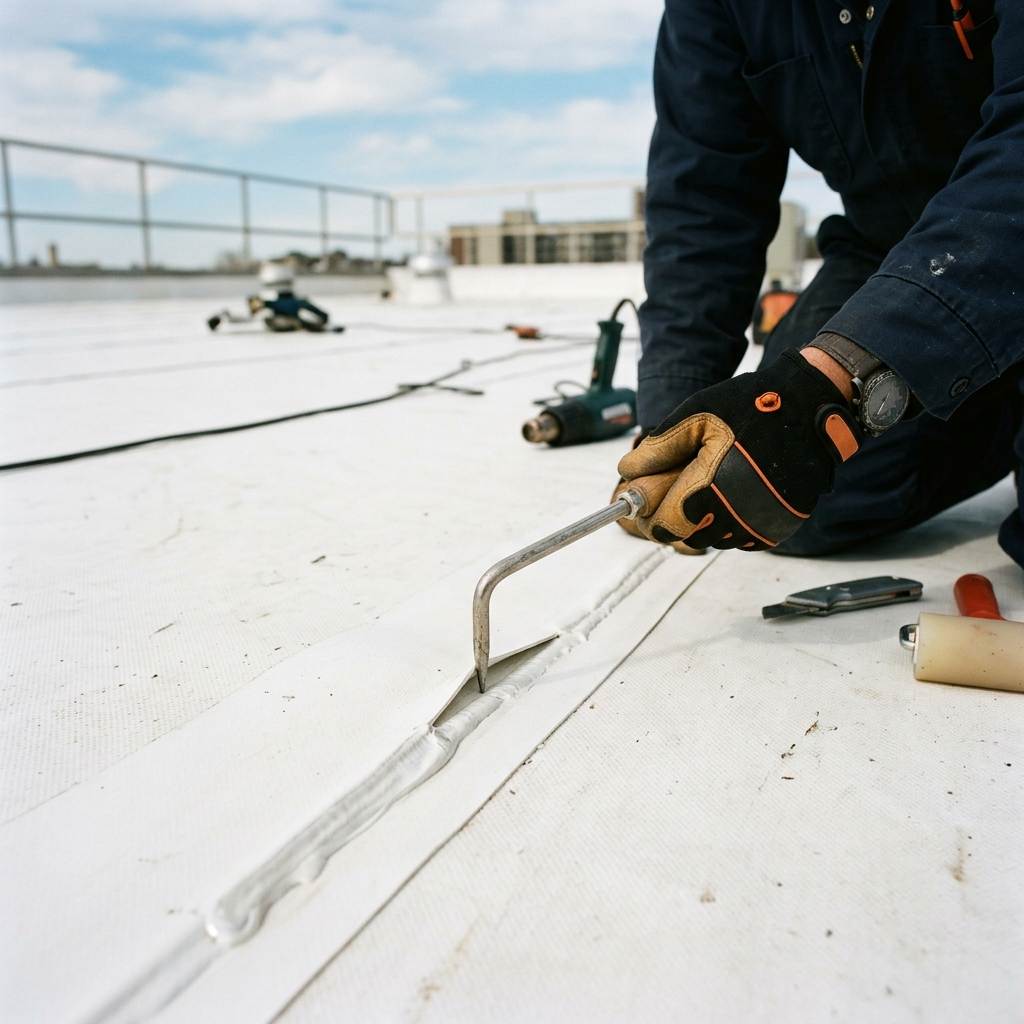 Inspecting PVC single-ply membrane weld integrity on commercial flat roof deck