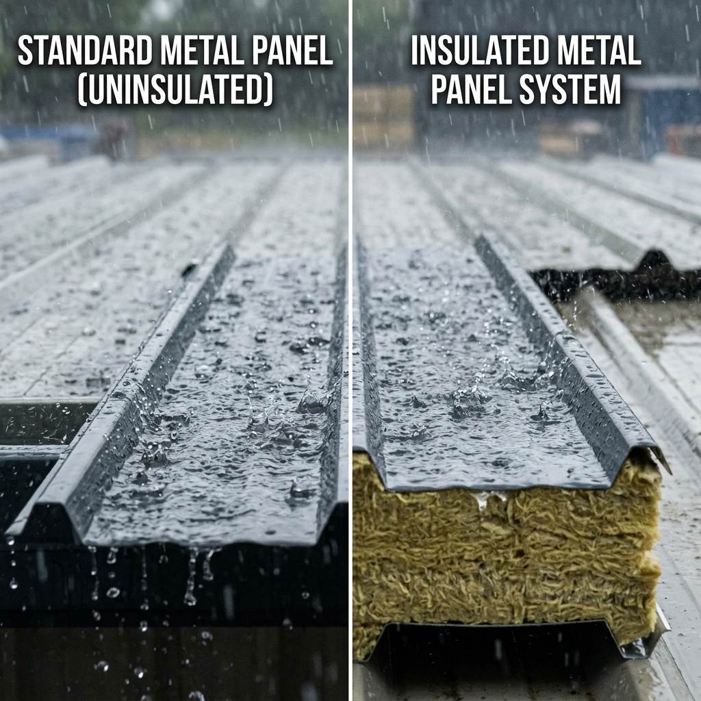 Acoustic roof deck insulation layers installed beneath metal panels to muffle rain noise
