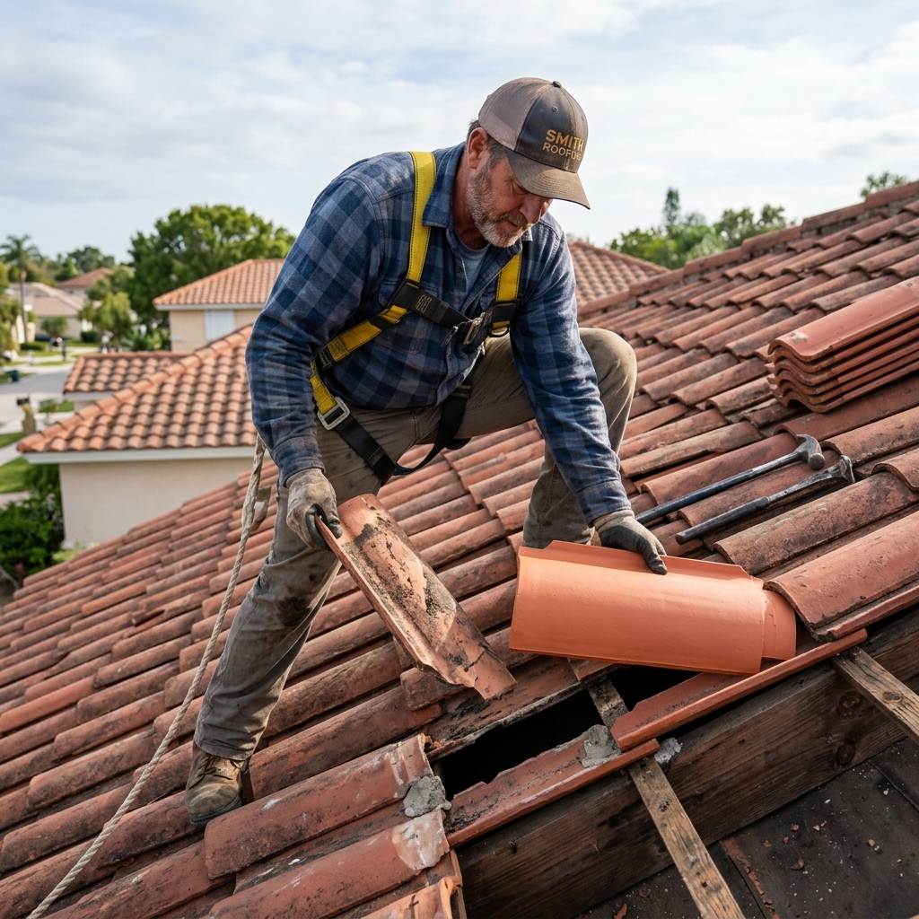 Replacing broken clay roof tile and applying structural adhesive foam seal