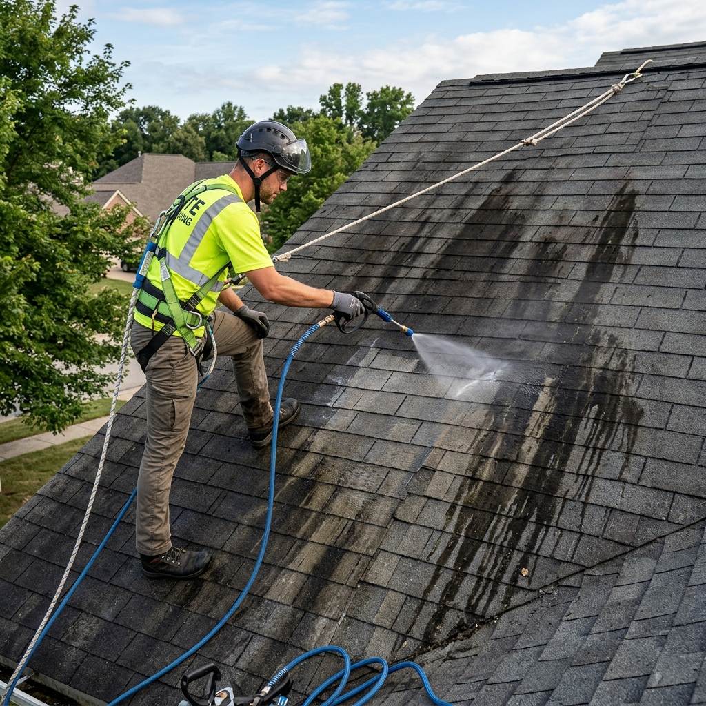 Low-pressure soft-wash roof cleaning applying eco-friendly chemical solution to shingles