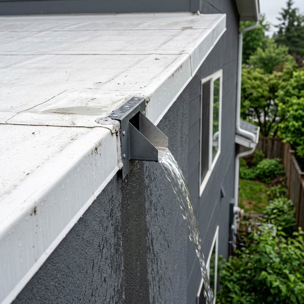 Clearing organic leaf blockages from flat roof scupper drain box to prevent ponding