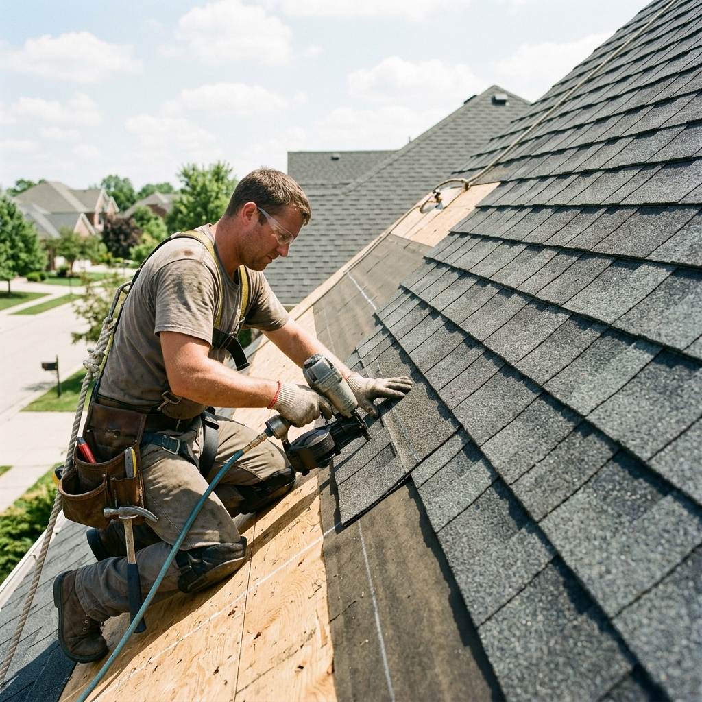 Asphalt architectural shingle installation process showing self-sealing adhesive strips