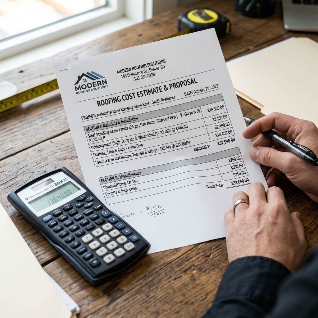 Contractor line-item estimate sheet showing standing seam metal panel material and labor costs