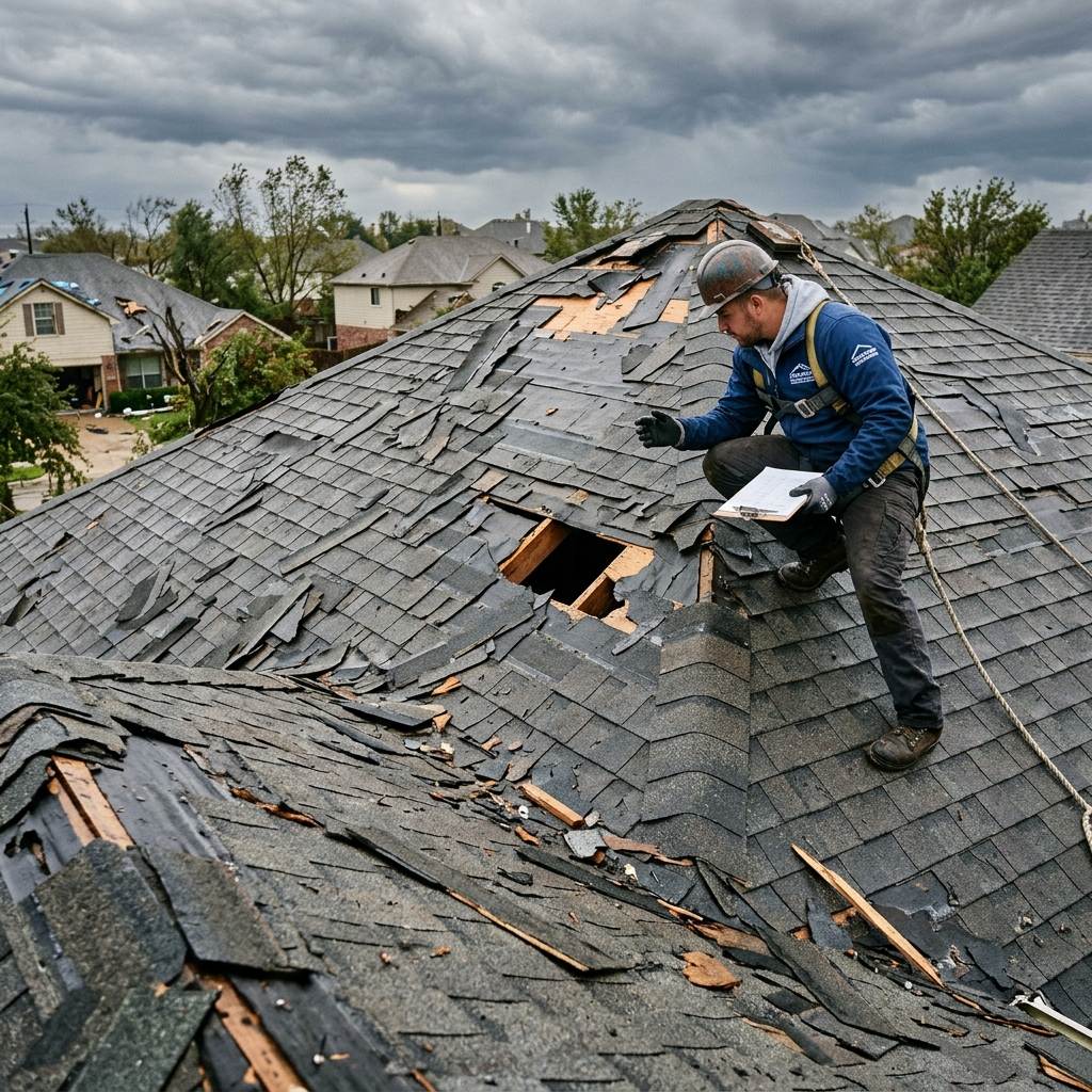 Storm damaged asphalt shingle roof inspection showing wind-peeled shingles and storm debris
