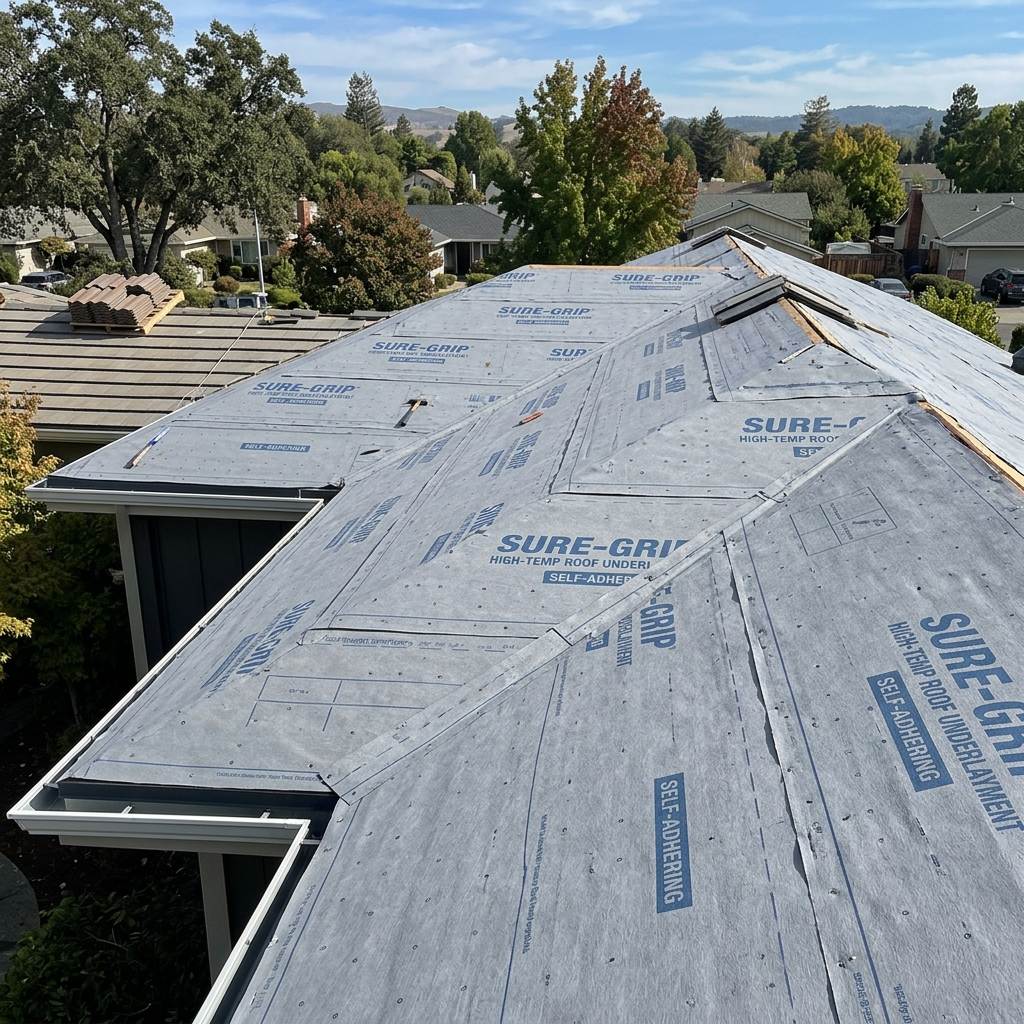 Tear-resistant synthetic underlayment sheet rolled across plywood roof deck