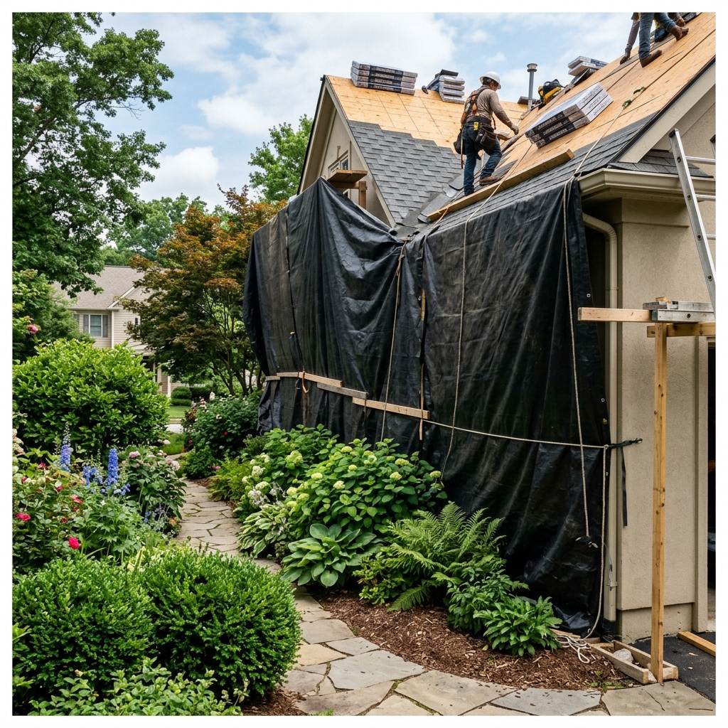 Heavy-duty drop canvas tarps draped over landscaping bushes to protect from falling shingles