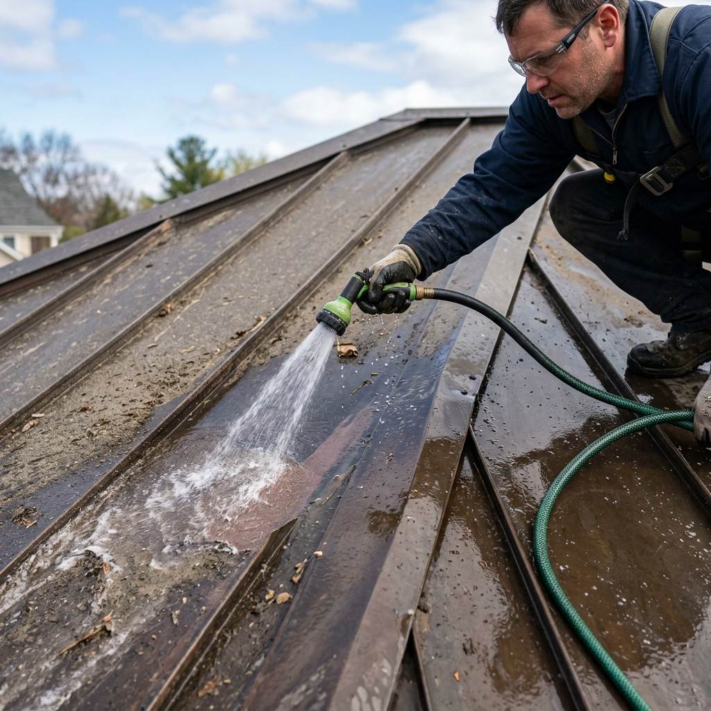 Power washing metal standing seam panels with mild detergent to remove coastal salt deposits