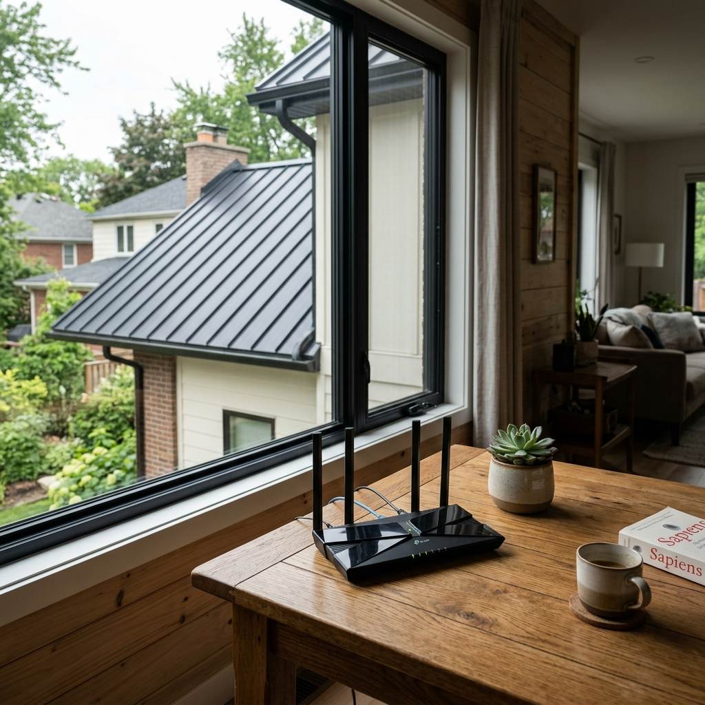 Indoor Wi-Fi router placed near a window to optimize signal transmission inside home